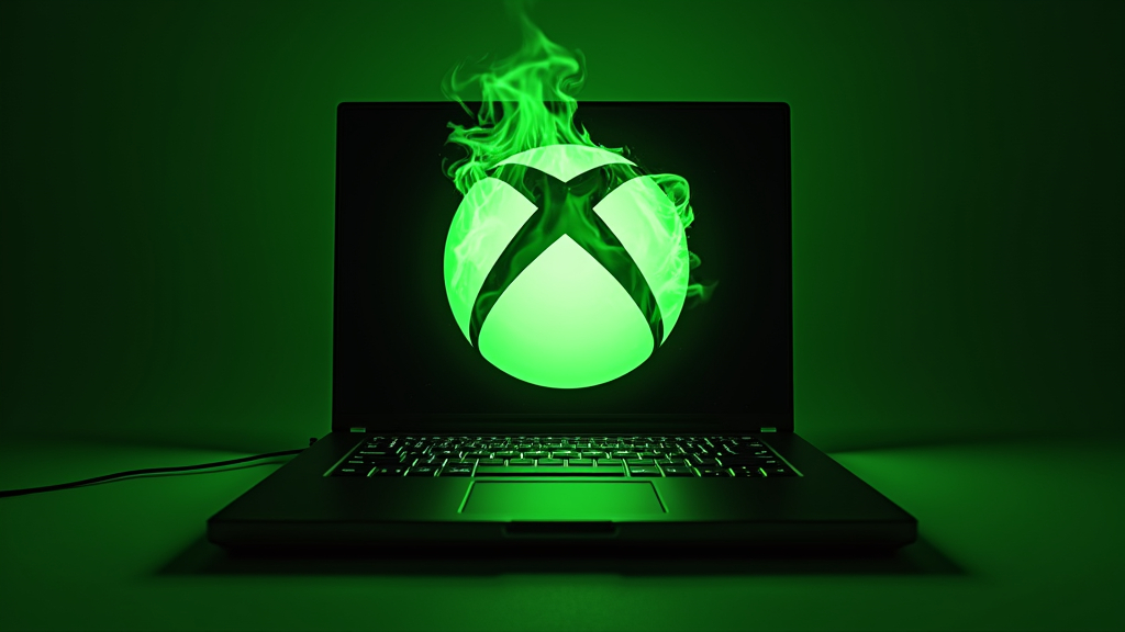 Osman Gunes Cizmeci's laptop emblazoned with the microsoft logo in new xbox centric color scheme